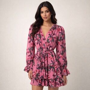 WAYF Pink Floral Long Sleeve Wrap Dress XS | Ruffle Tiered Mini